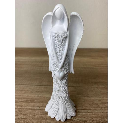 Polyresinový anděl 15cm kytičky - bílý - 9939